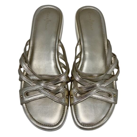 COLE HAAN Women’s Sandals Gold Metallic Size 10 B Leather Wedge Slides Shoes - Picture 1 of 14